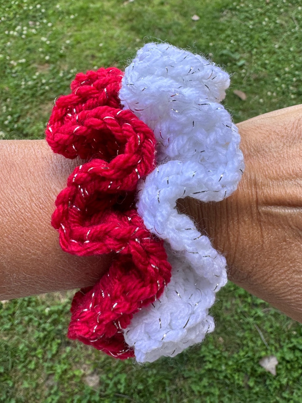 Colorful Large Set of 2  Red White Silver Sparkle!  Scrunchie NEW